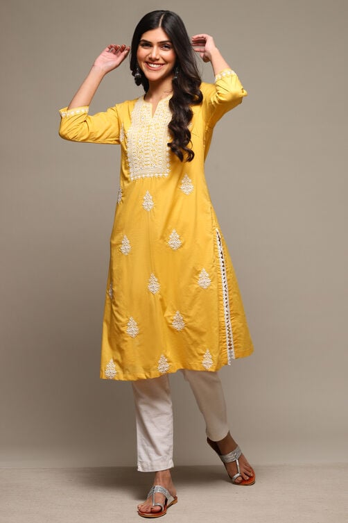 Sea Green Cotton Straight Embroidered Kurta image number 0