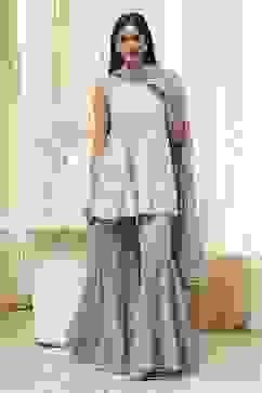 White and Blue Cotton Floral Flared Suit Set image number 6