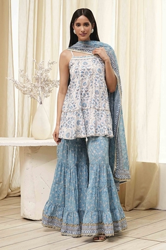 White and Blue Cotton Floral Flared Suit Set image number 6