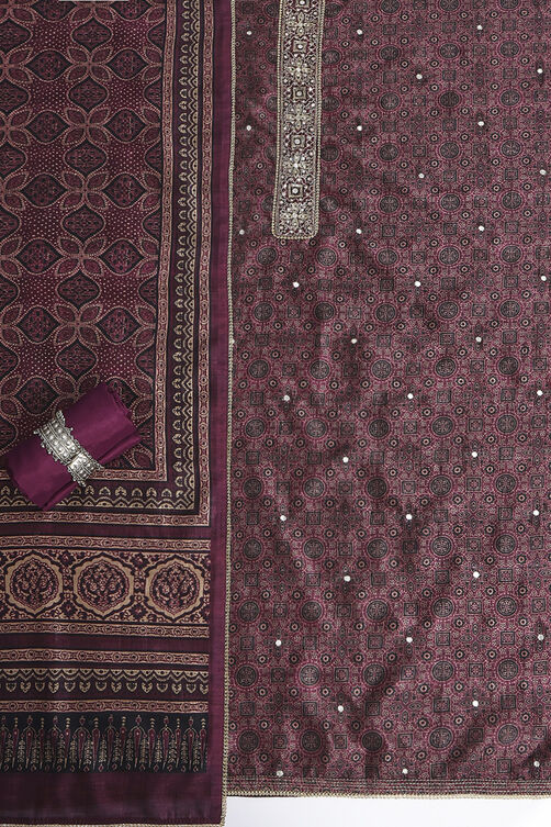 Wine Silk Blend Hand Embroidered Unstitched Suit Set image number 1