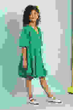 Green Cotton Schiffli Flared Dress image number 4
