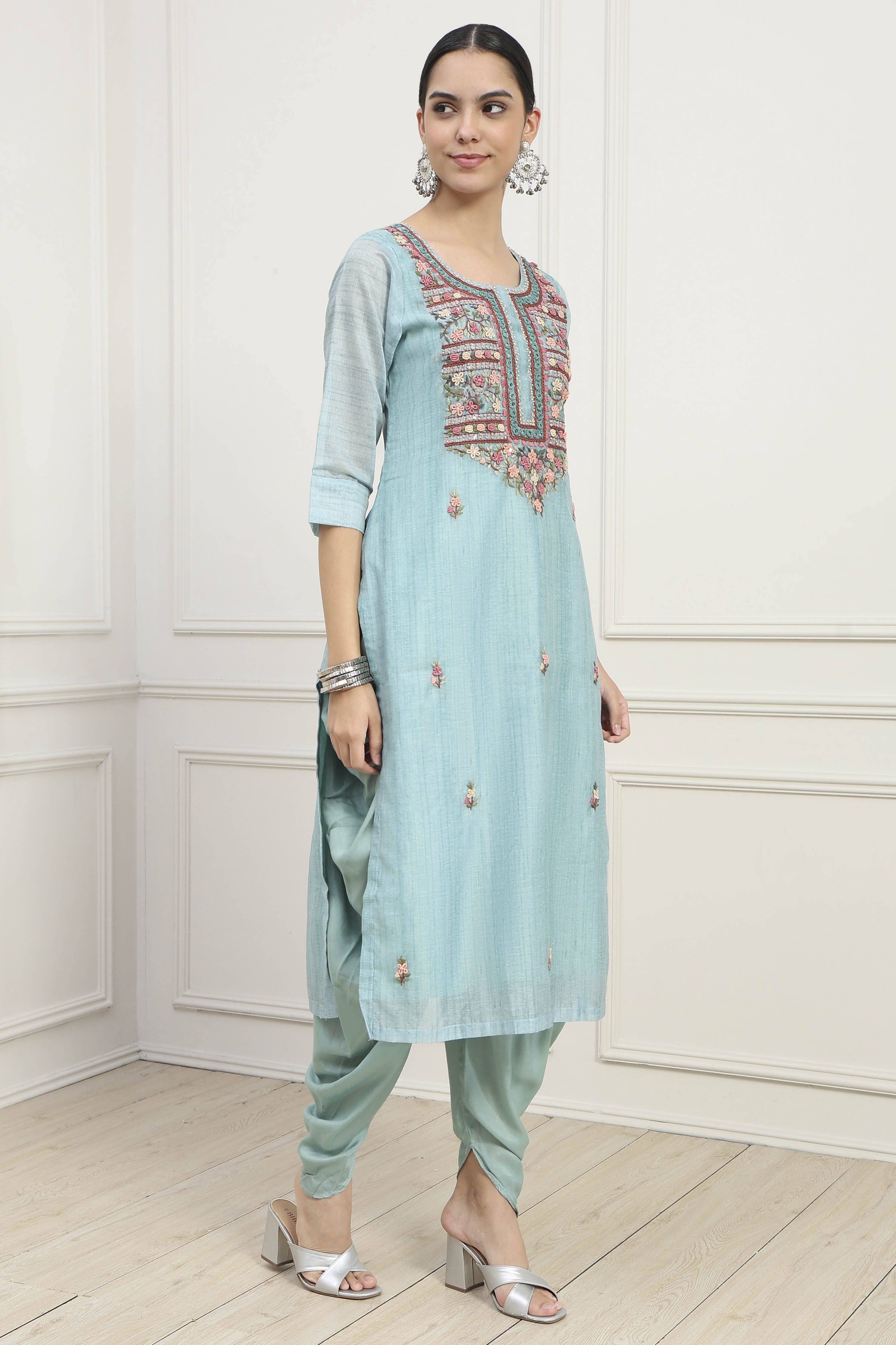 Blue Chanderi Hand Embroidered Unstitched Suit Set image number 6