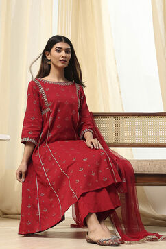 Red Cotton Foil Printed Kalidar Suit Set image number 0