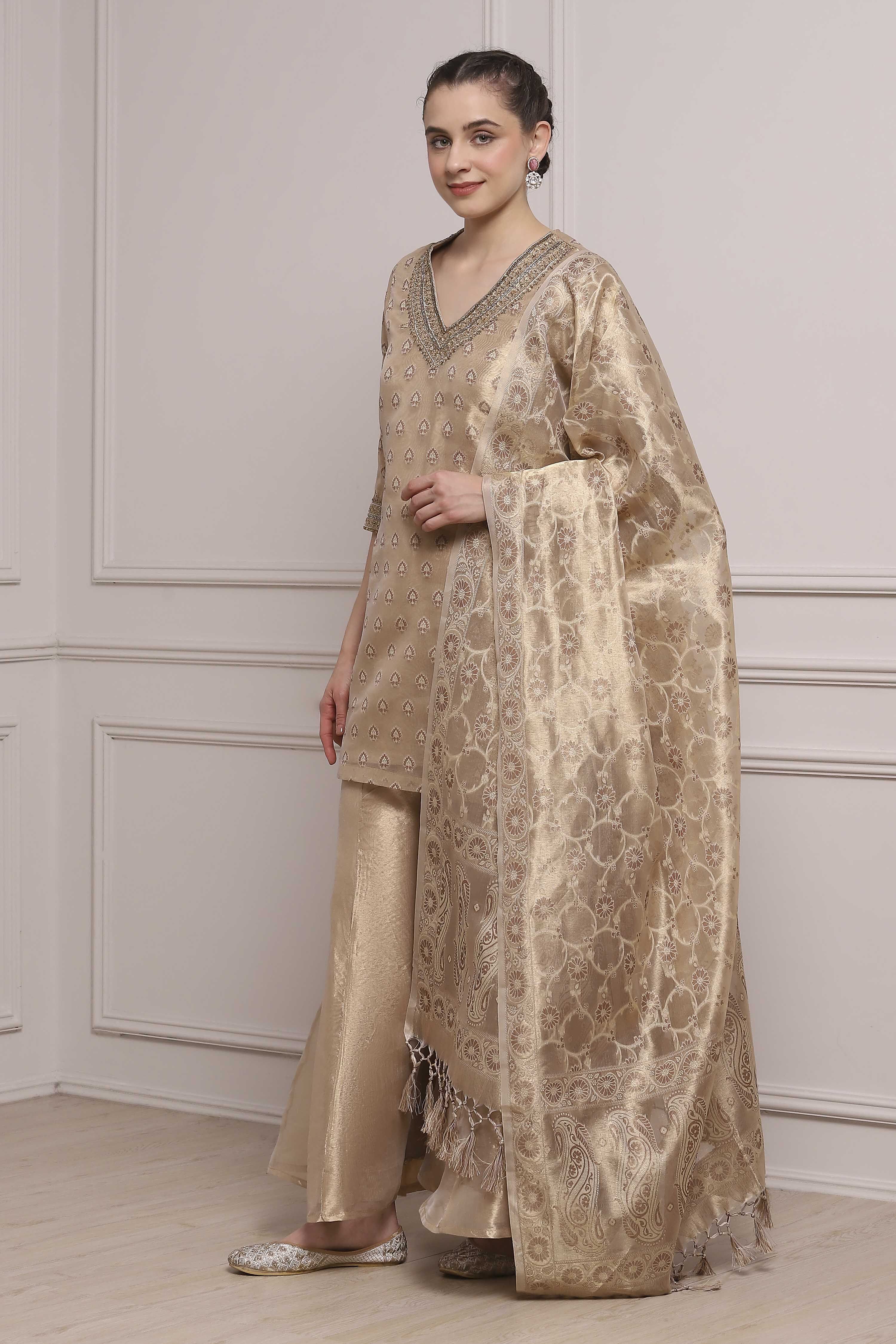 Gold-Toned Banarasi Tissue Printed Sharara Suit Set image number 3