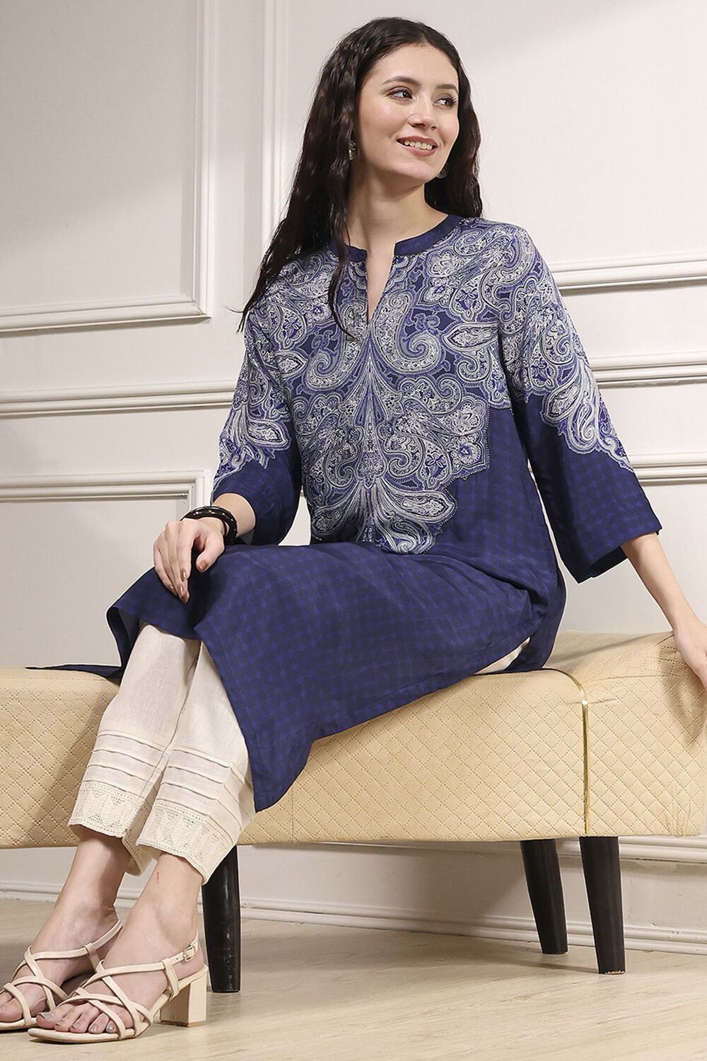 Indigo Printed Straight Kurta image number 0
