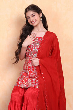 Red Viscose Blend Sharara Suit Set image number 6