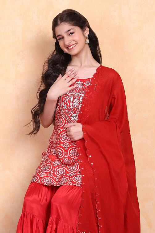 Red Viscose Blend Sharara Suit Set image number 6
