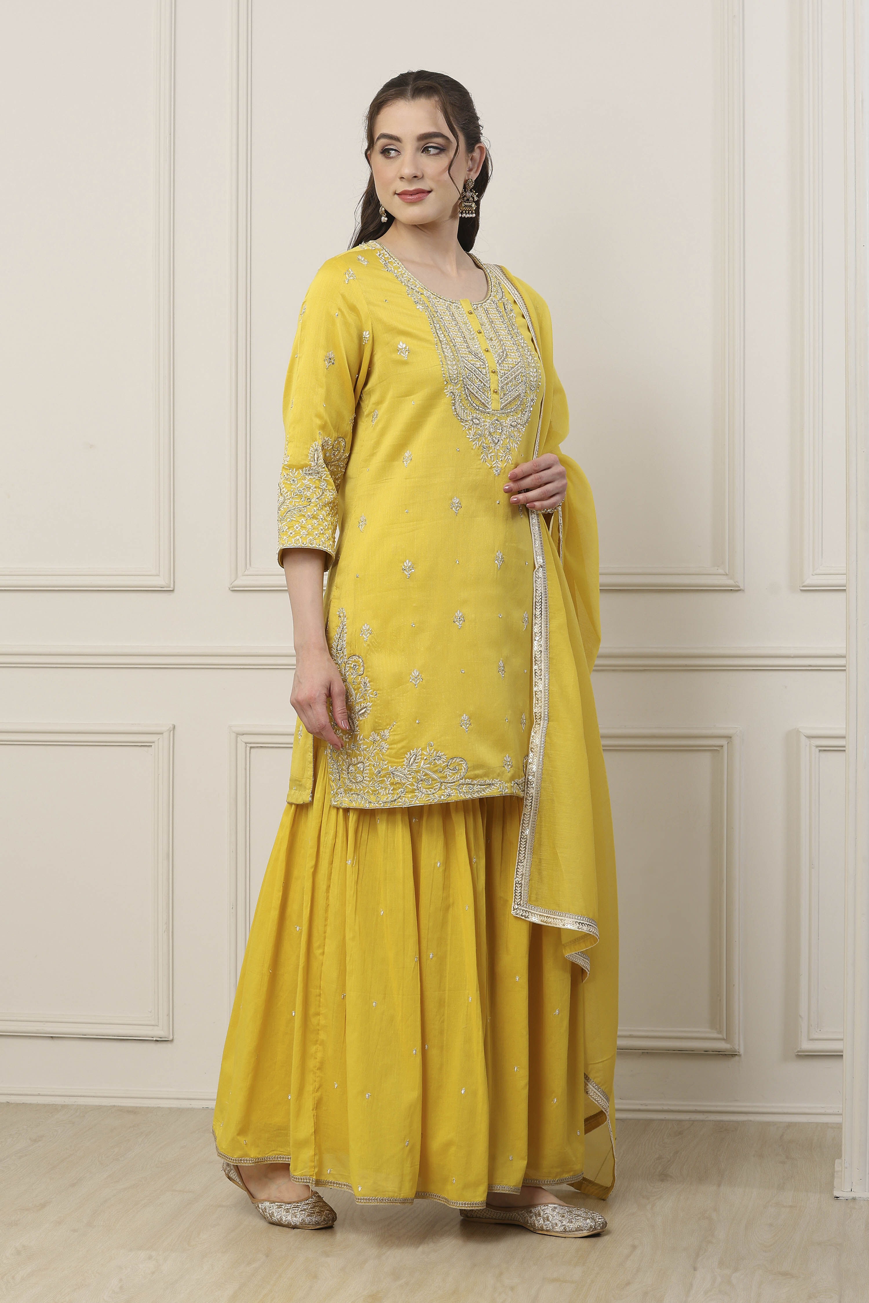 Yellow Silk Chanderi Sequin Embroidered Straight Suit Set image number 5