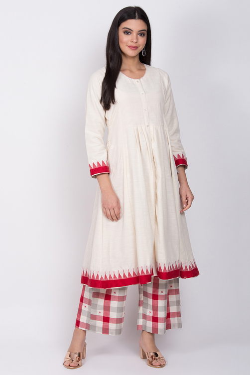 Ivory Eco Cotton Front Open Kurta Palazzo Suit Set image number 2