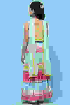 Yellow Cotton Strappy Top With Tiered Lehenga & Net Dupatta image number 5