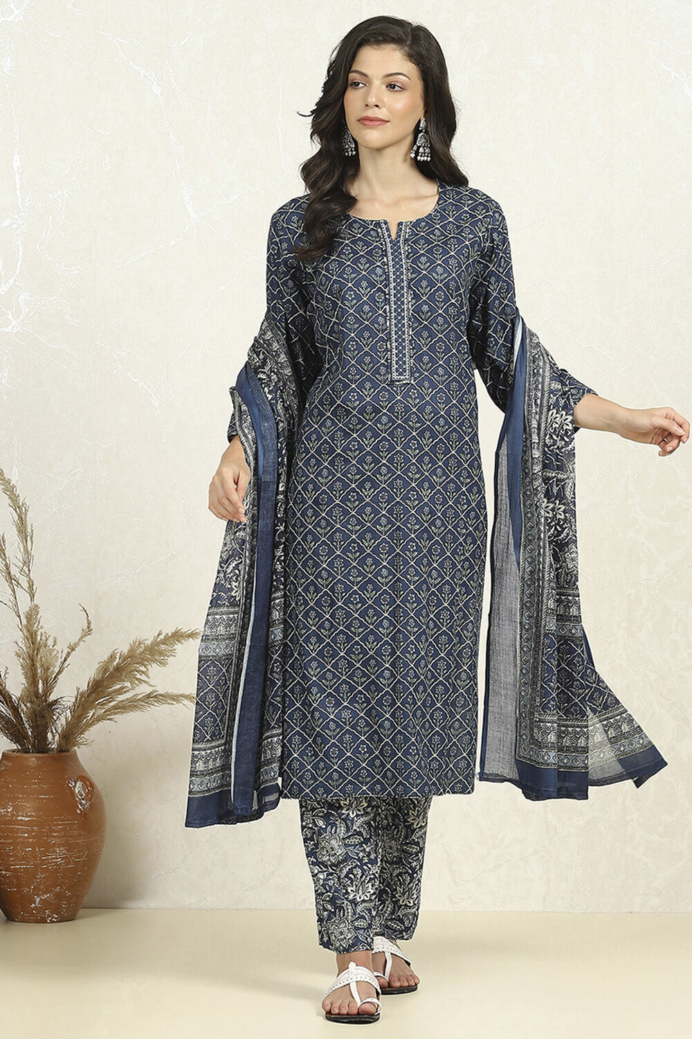 Blue Cotton Printed Unstitched Suit Set image number 1