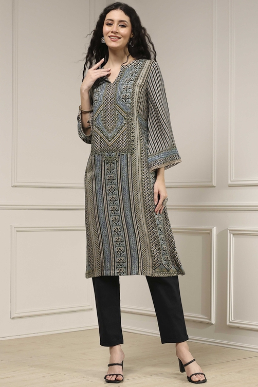 Blue Printed Straight Kurta image number 5