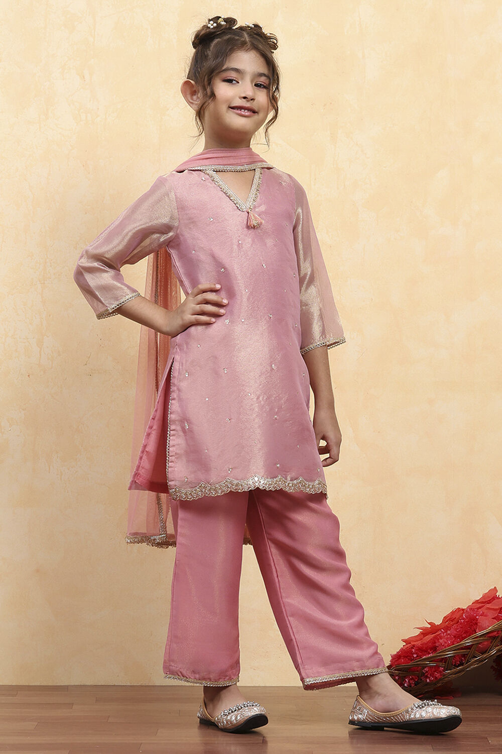 Baby Pink Tissue Solid Straight Suit Set image number 0
