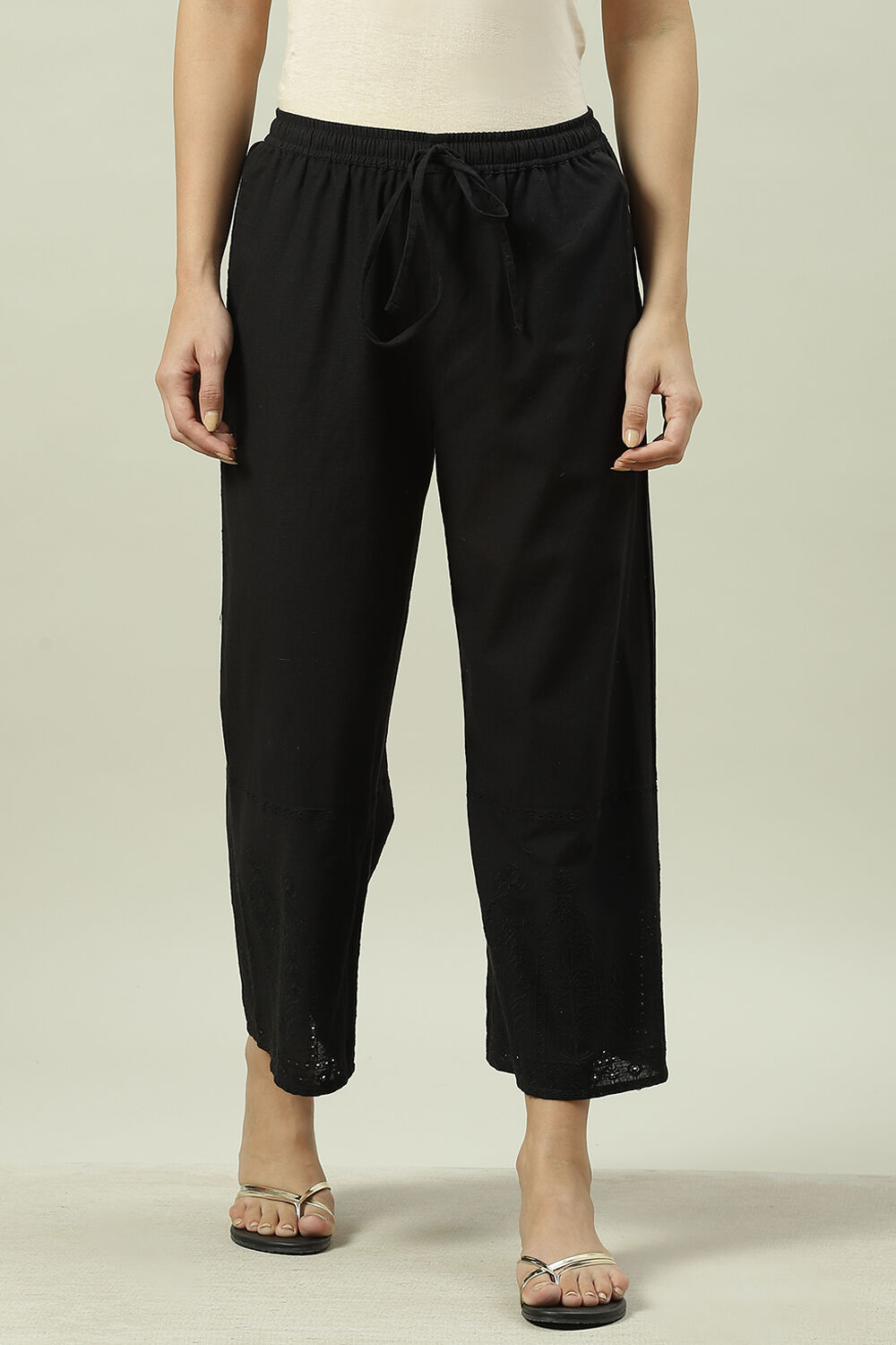 Off White Cotton Solid Palazzo image number 0