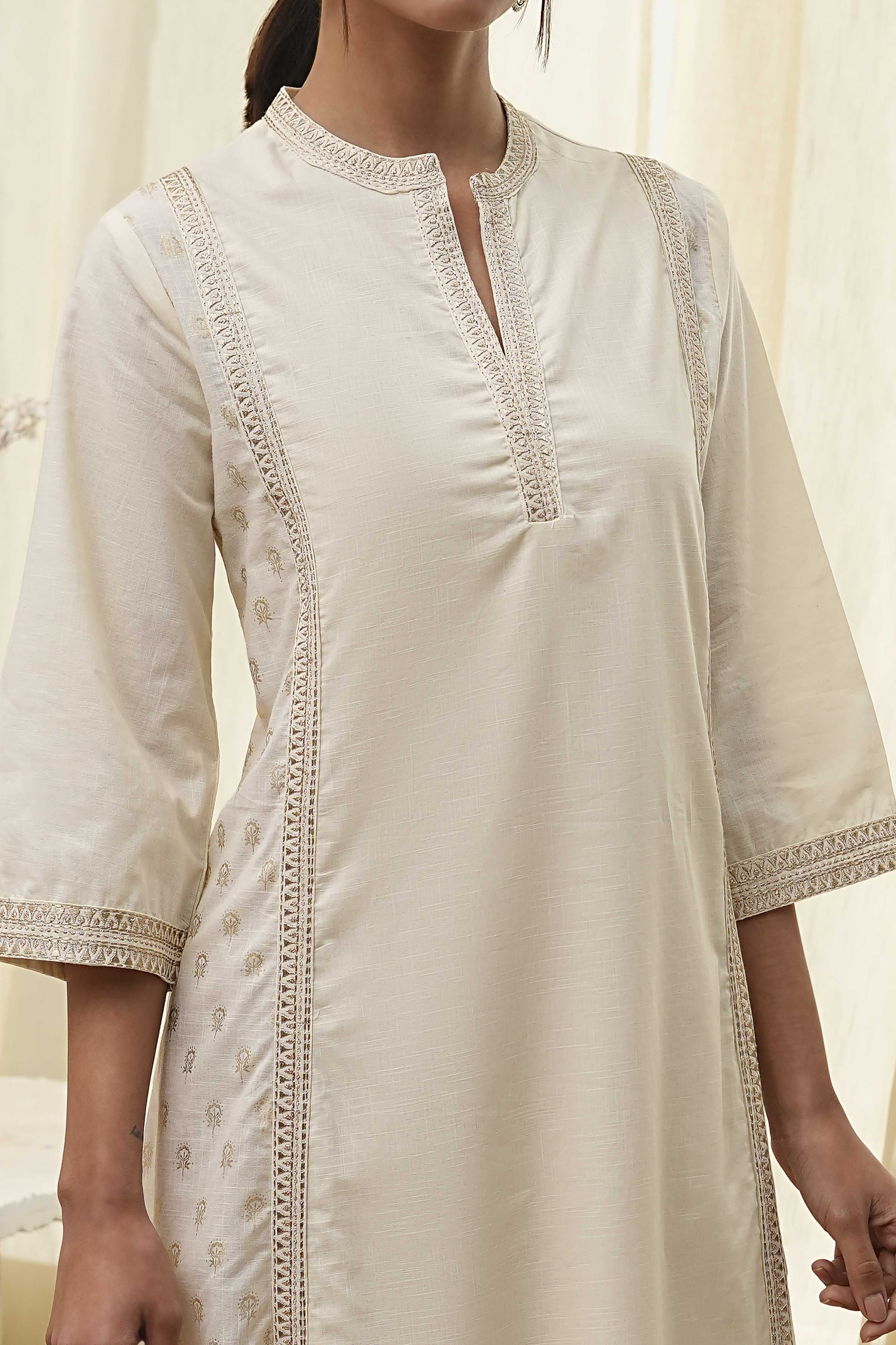 Cream-Colored Cotton Printed A-Line Kurta image number 1