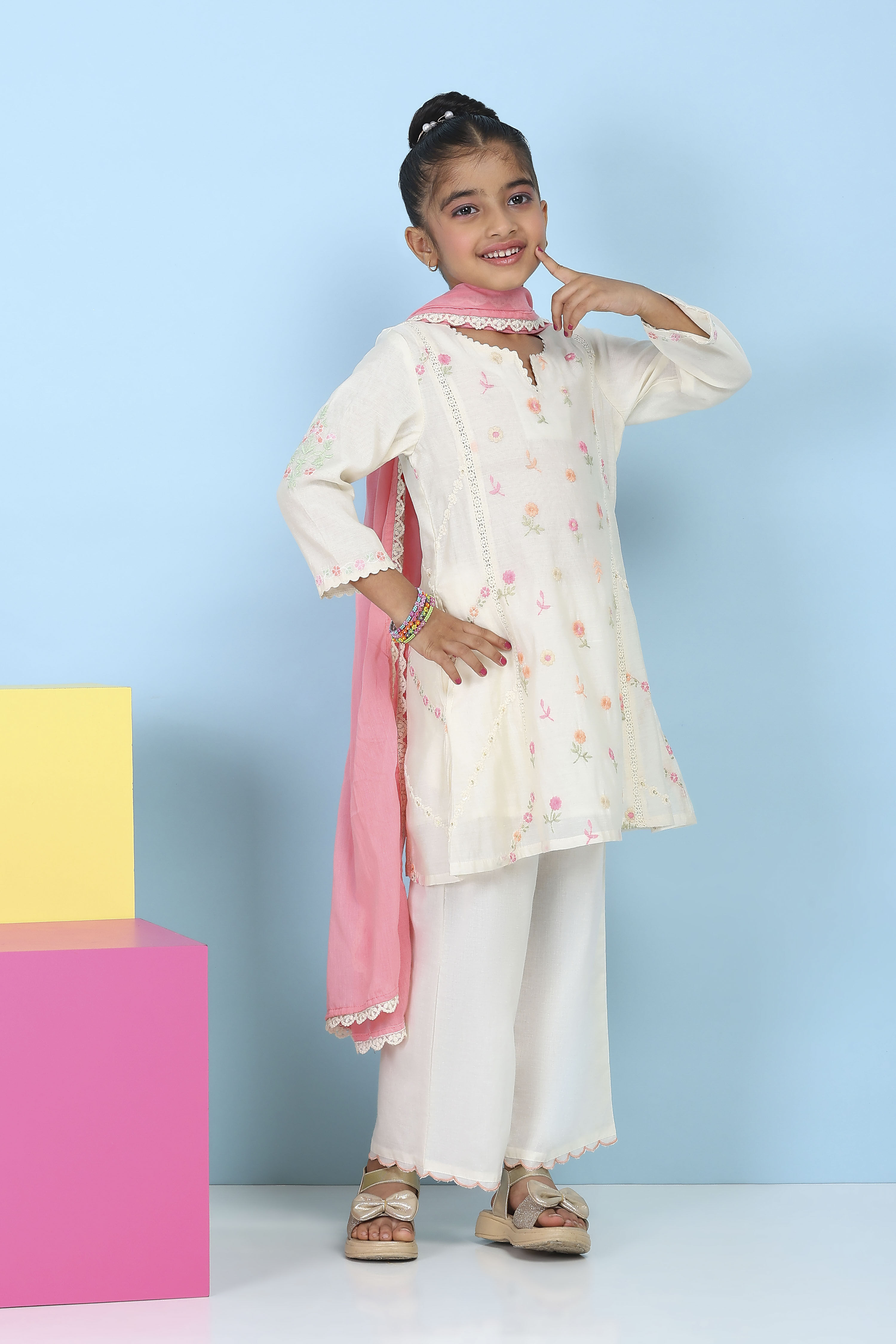 White Poly Chanderi Floral Printed A-Line Suit Set image number 5