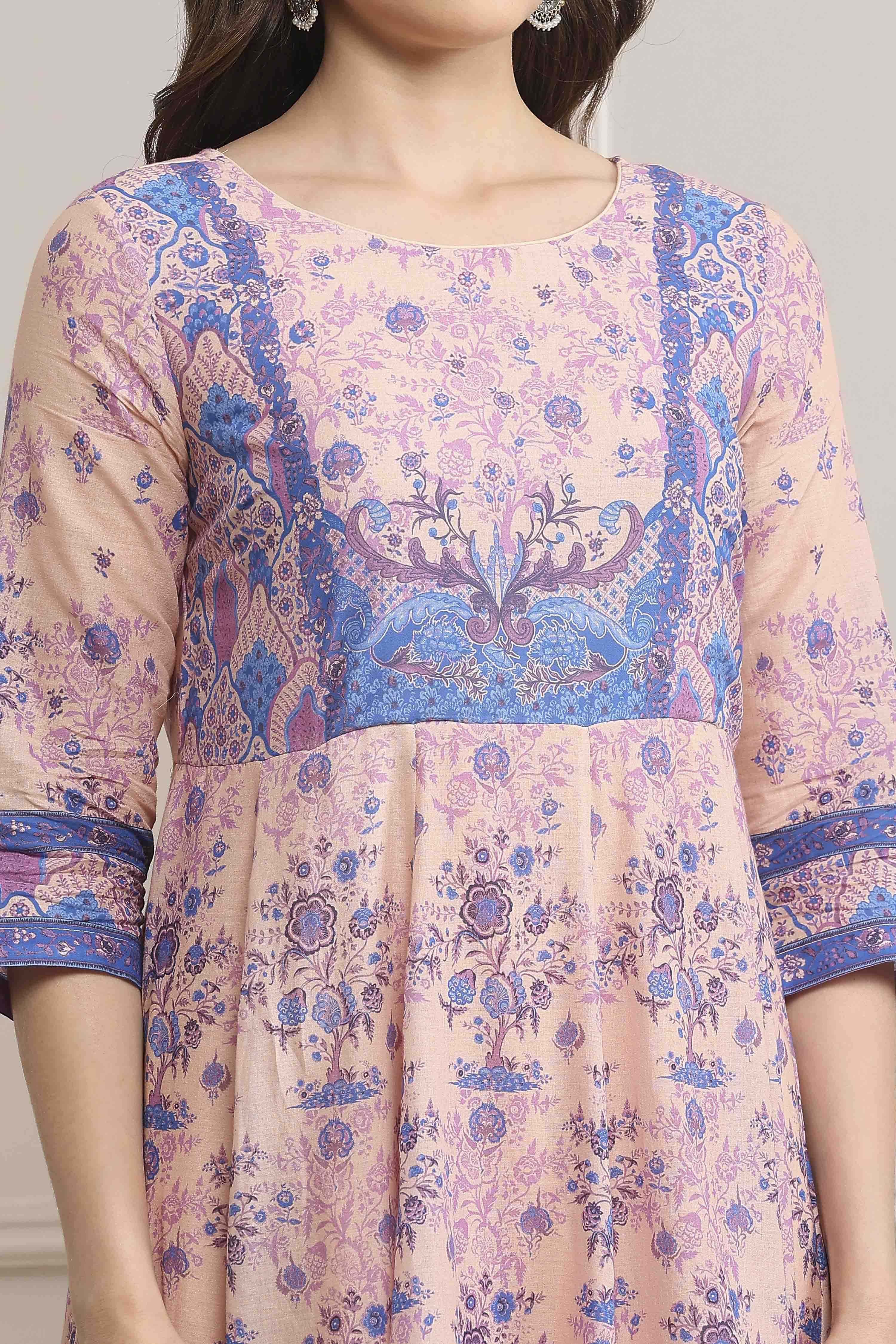 Blue Cotton Printed Anarkali Suit Set image number 1