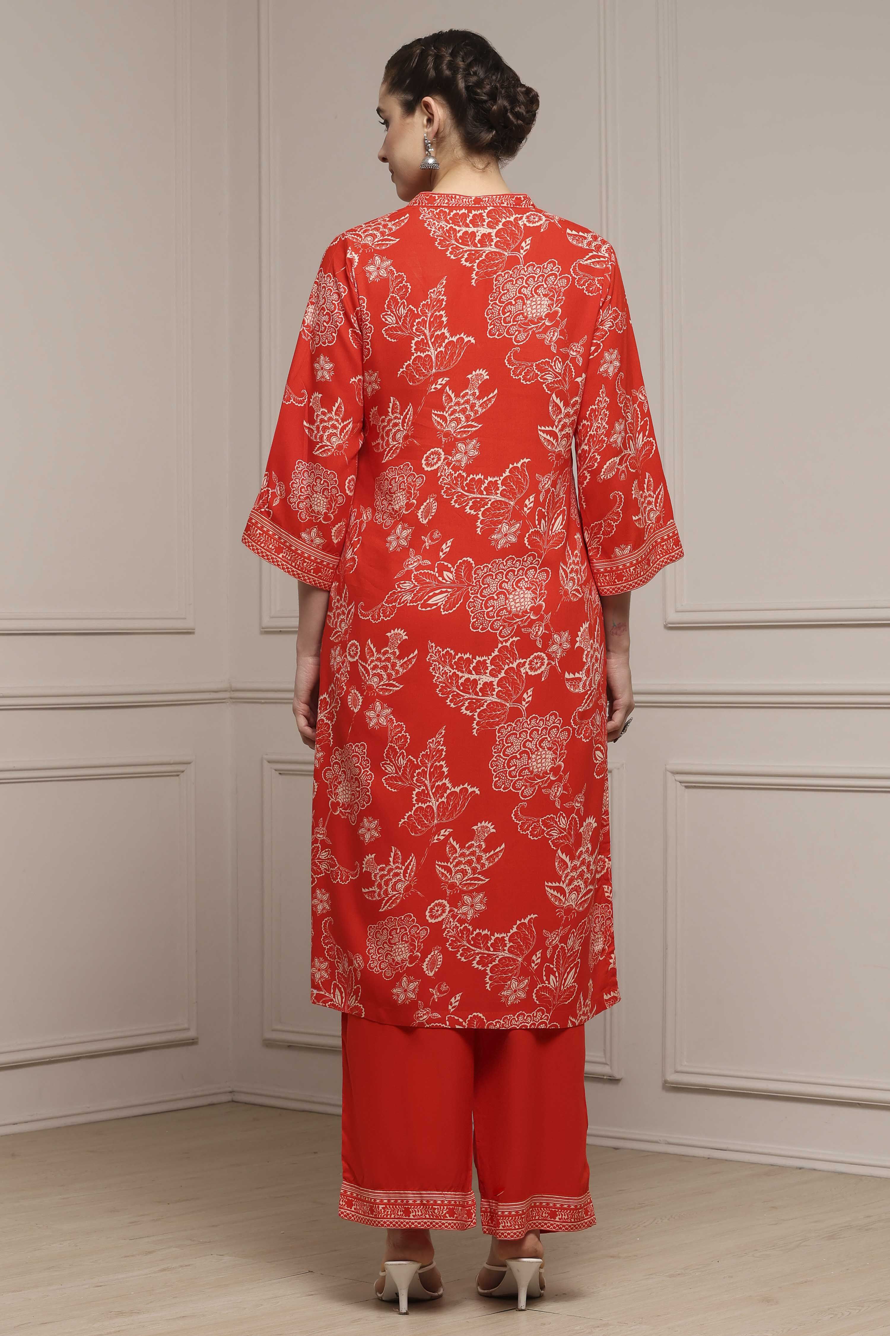 Red Floral Printed Straight Suit Set image number 4