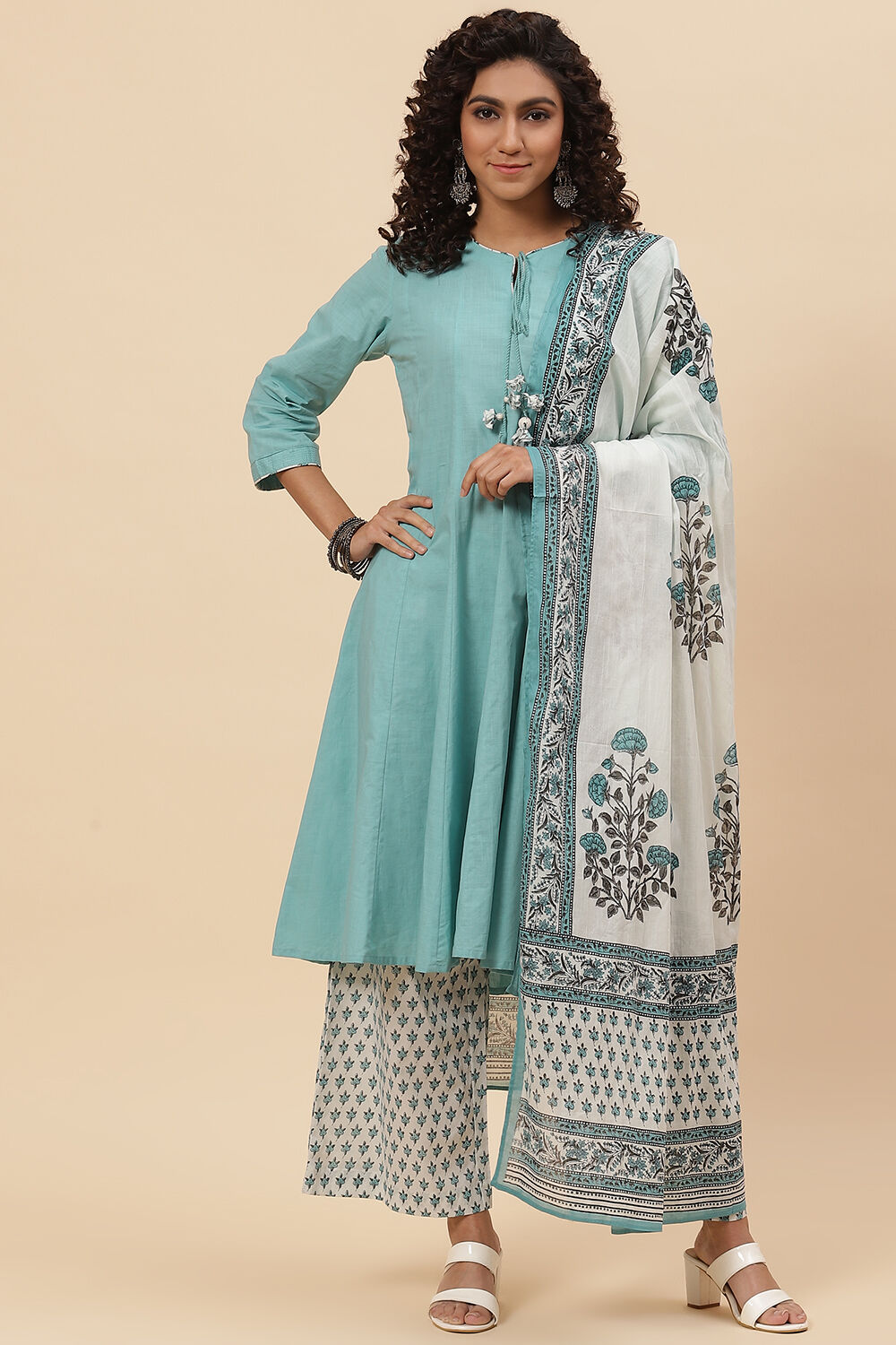 Turquoise Cotton A-Line Kurta Palazzo Suit Set image number 0