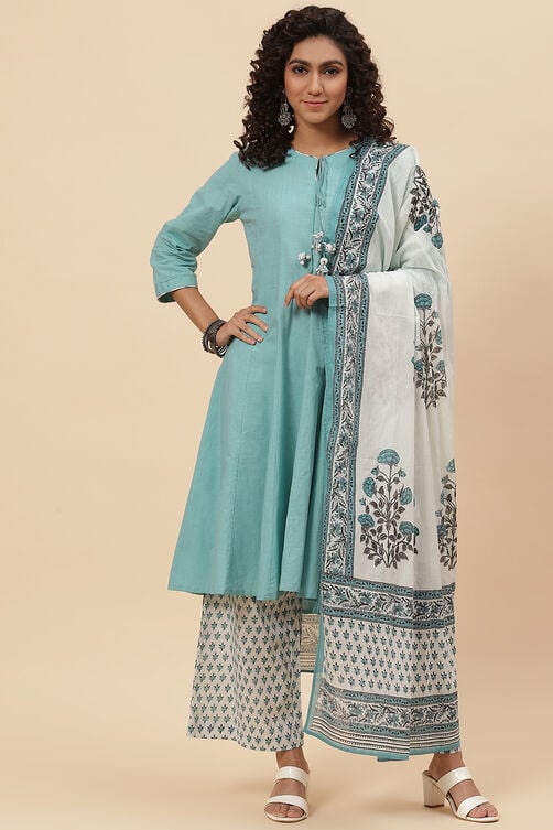 Turquoise Cotton A-Line Kurta Palazzo Suit Set image number 0