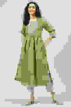 Green Art Silk Flared Printed Kurta image number 5