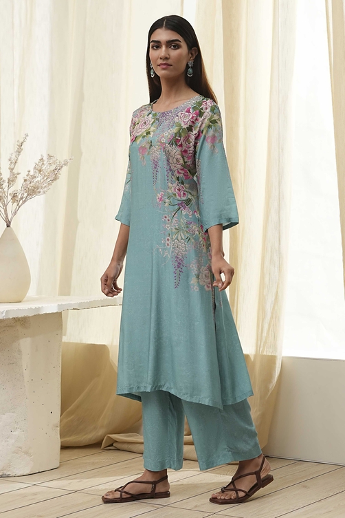 Blue Floral Straight Kurta Set image number 3