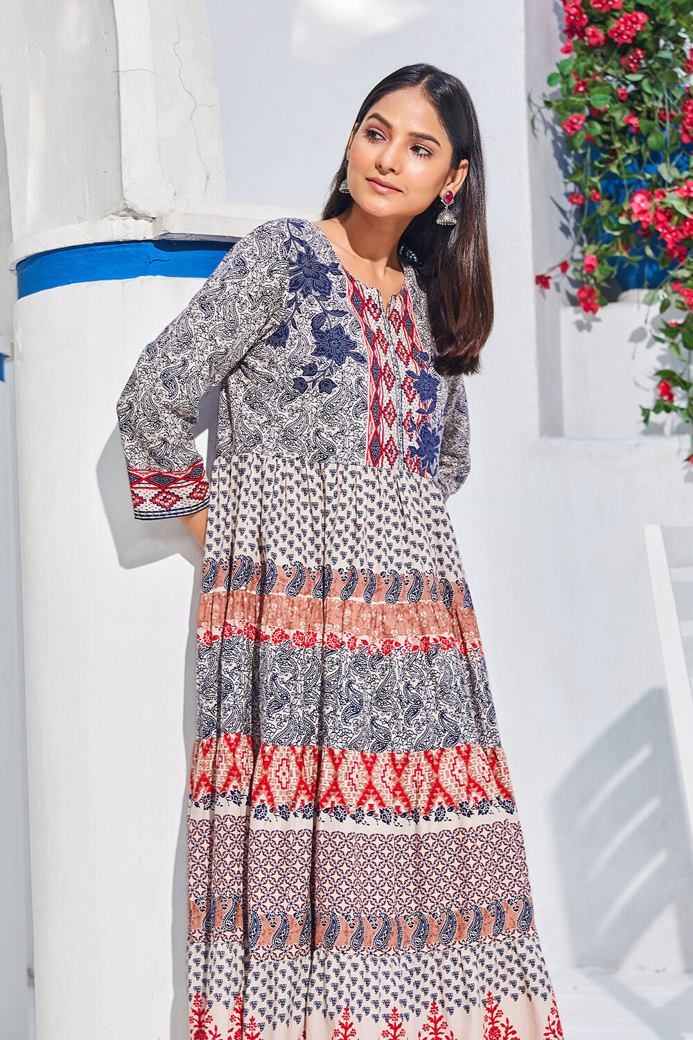 Grey Cotton Tiered Printed Dress image number 0