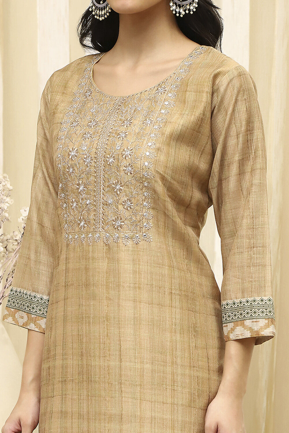 Beige Cotton Machine-Embroidered Unstitched Suit Set image number 2