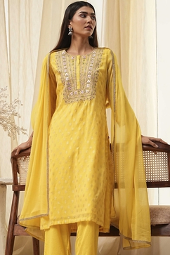 Yellow Embroidered Straight Suit Set image number 7