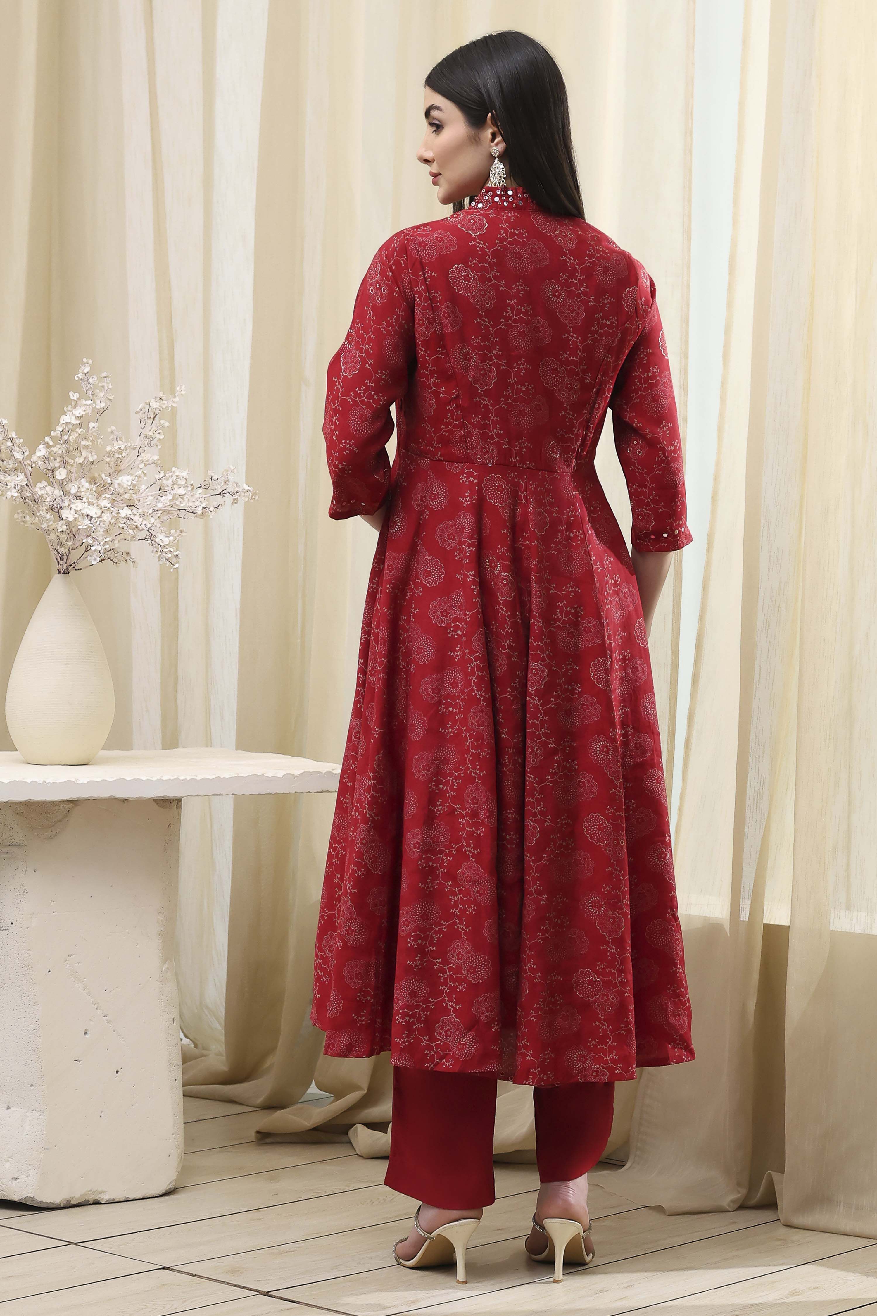 Red Printed Angrakha Style Anarkali Suit Set image number 4