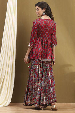 Cherry Red Viscose Blend Floral Peplum Kurta Suit Set image number 4