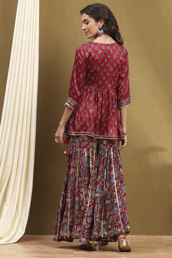 Cherry Red Viscose Blend Floral Peplum Kurta Suit Set image number 4