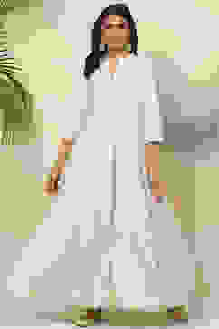 Off White Cotton Flared Printed Dress image number 0