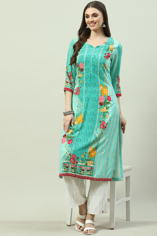 Green LIVA Straight Printed Kurta image number 0