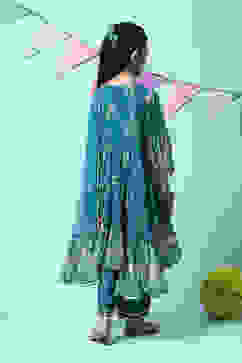 Teal Polyester Flared Printed Kurta Palazzo Suit Set image number 4