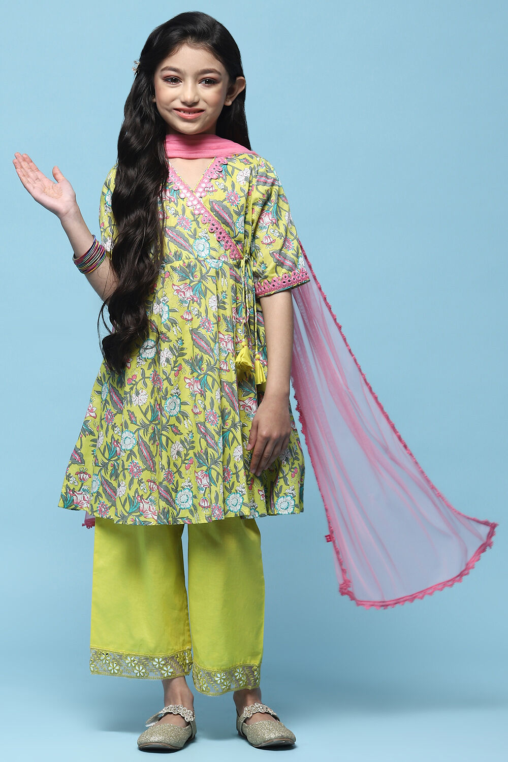 Yellow Cotton Printed Angrakha Flared Suit Set image number 0