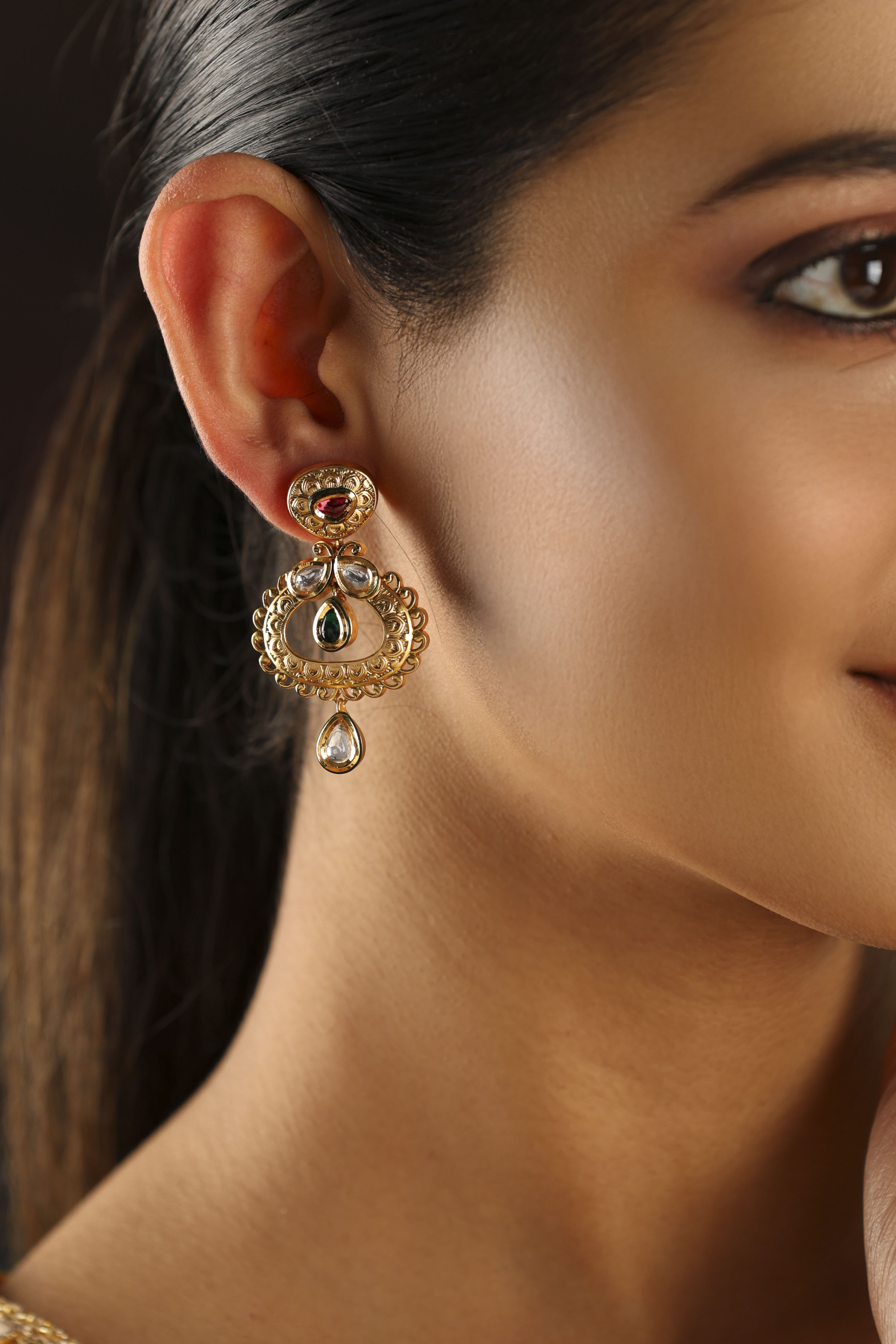 Red Brass Gold Plated Stone Studded Drop Earrings image number 1