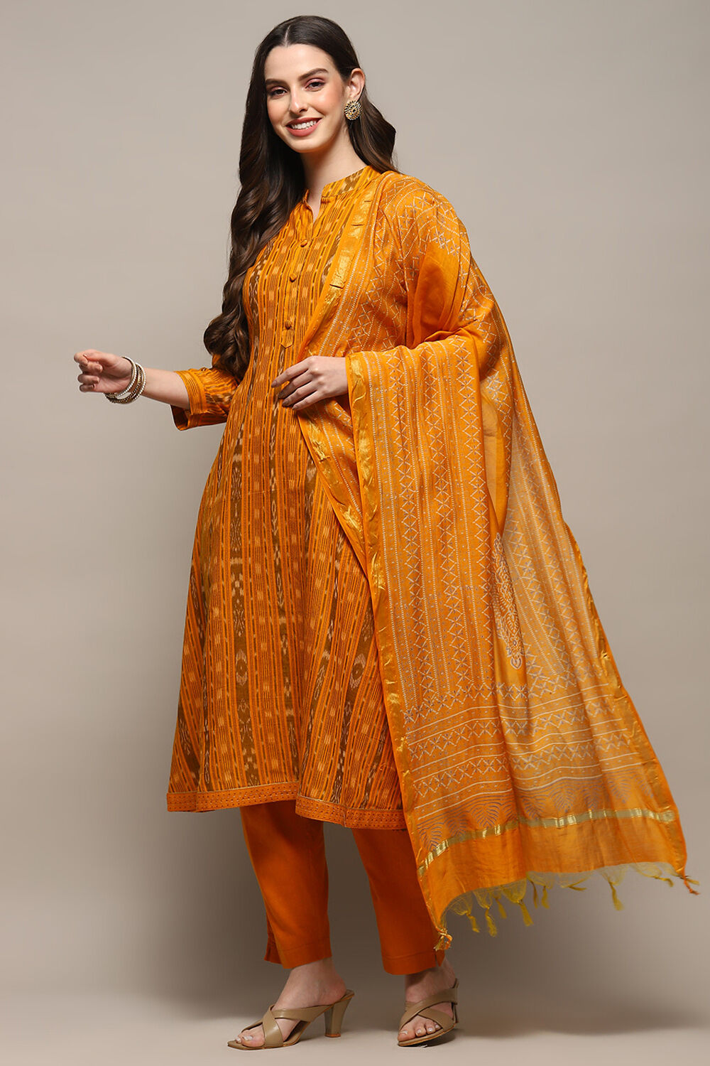 Orange Cotton Unstitched Suit set image number 1