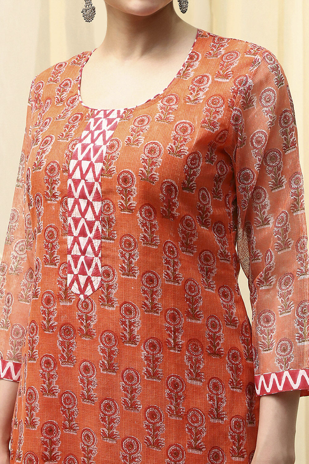 Coral Cotton Hand Block Print Unstitched Suit Set image number 3