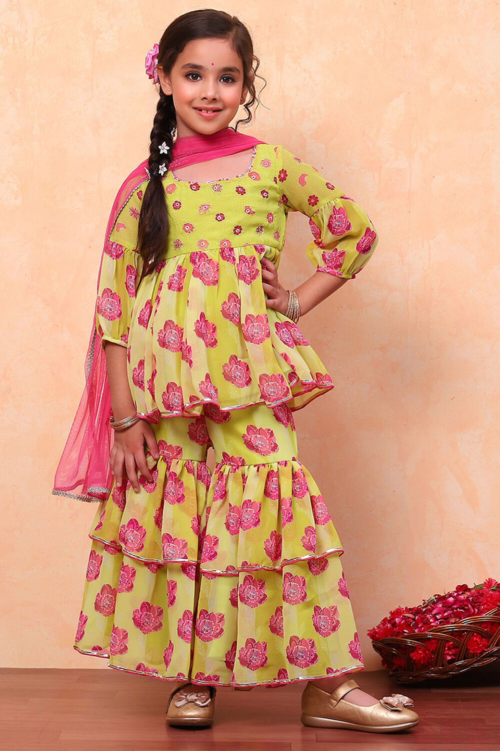 Lime Green Poly Georgette Floral Gathered Flared Suit Set image number 6