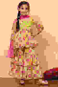 Lime Green Poly Georgette Floral Gathered Flared Suit Set image number 6