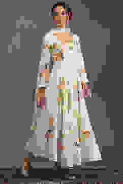 Rohit Bal Off-White Silk Chanderi Floral Printed Anarkali Suit Set image number 5