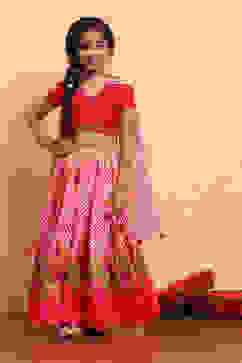 Coral Polyester Blend Short Straight Lehenga Set image number 6