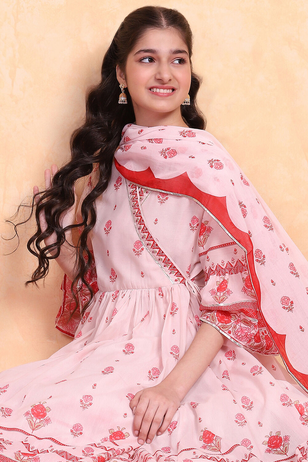 Pastel Pink Printed Angrakha Gathered Suit Set image number 1