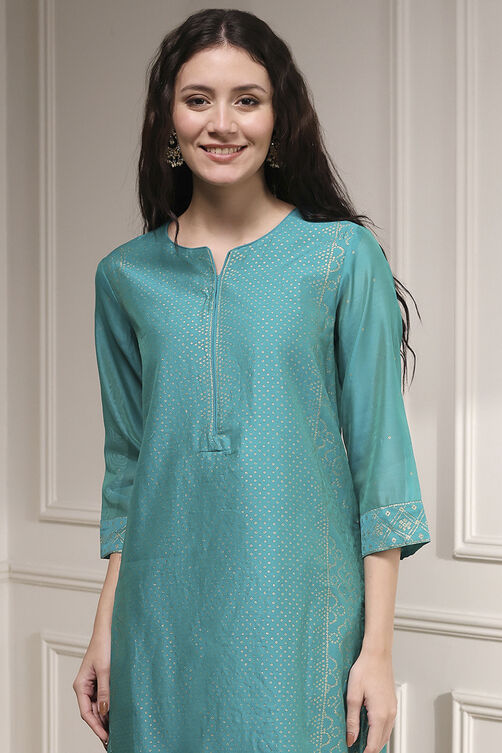 Turquoise Cotton Blend Printed Straight Suit Set image number 1