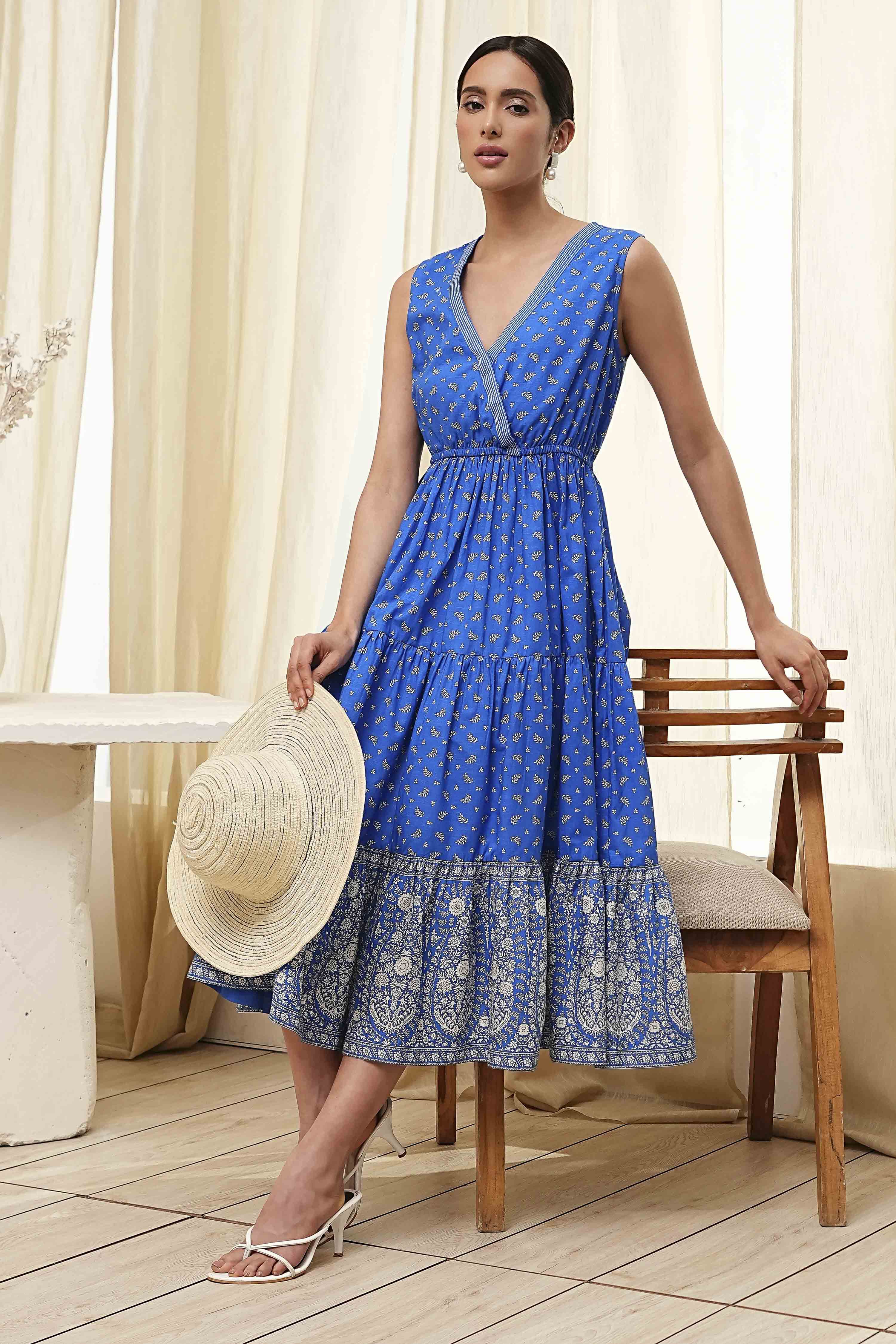 Blue Cotton Printed Tiered Dress image number 0