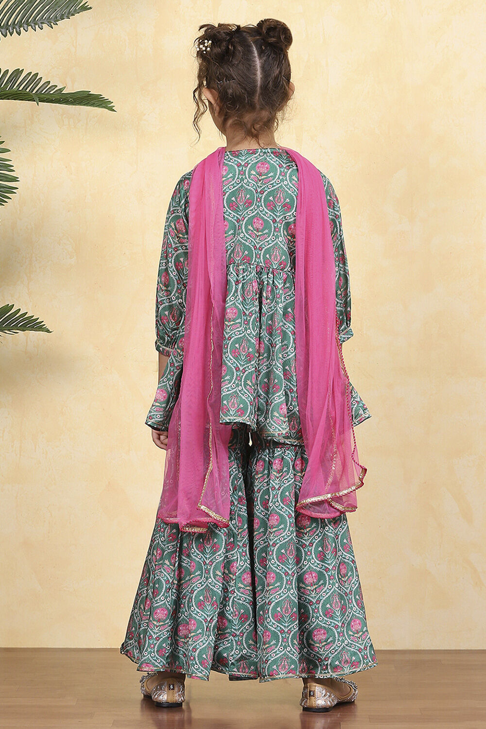 Green Polyester Printed Flared Sharara Suit Set image number 4