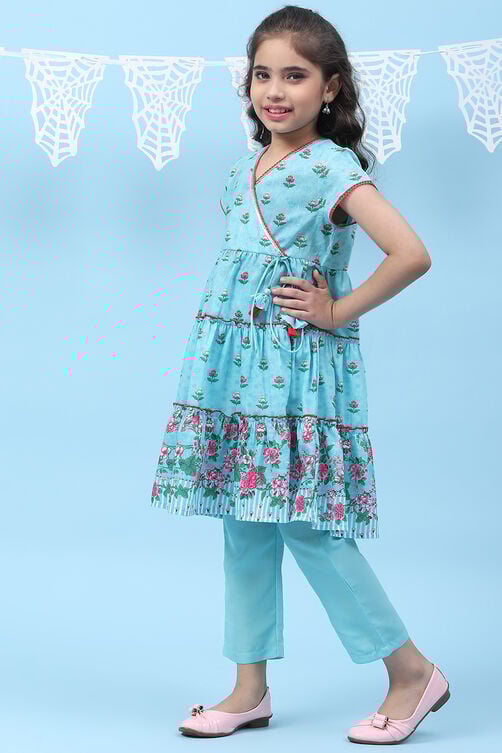 Turquoise Art Silk Straight Printed Kurta image number 3