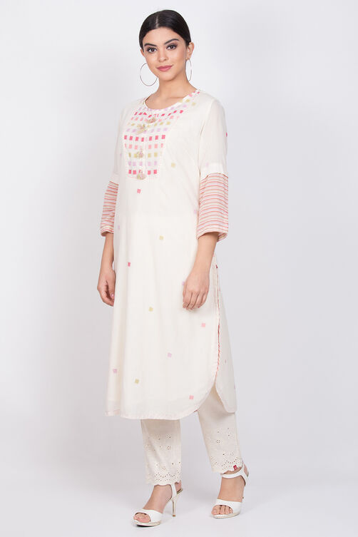 Off White Cotton Straight Yarndyed Kurta image number 3