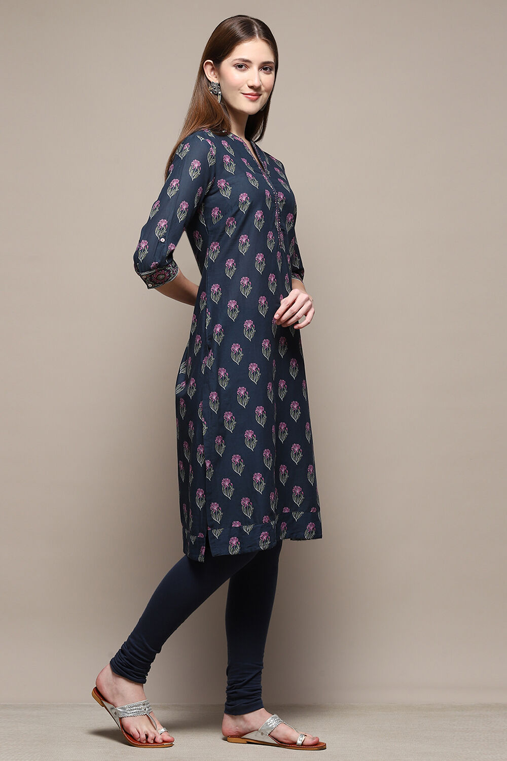 Black Cotton Straight Kurta Churidar Suit Set image number 5